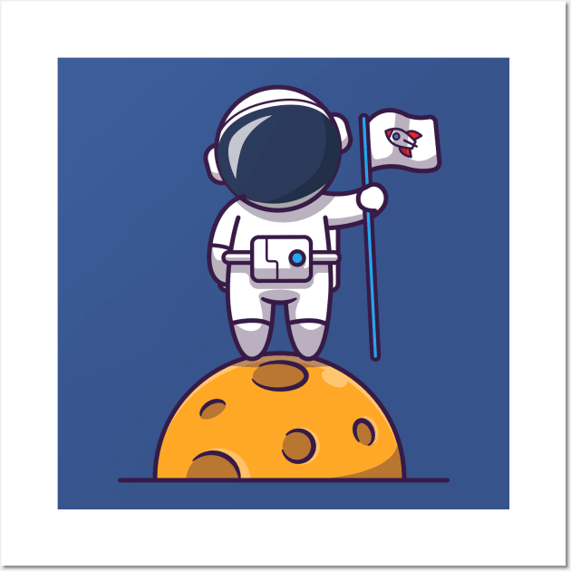 Cute Astronaut Standing On Moon And Holding Flag Cartoon Wall Art by Catalyst Labs